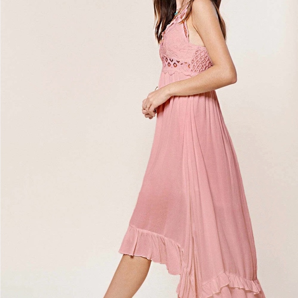 La Miel Peach Boho Crochet Stretchy Lace Trim Slip Tiered Hem Maxi Long Dress M